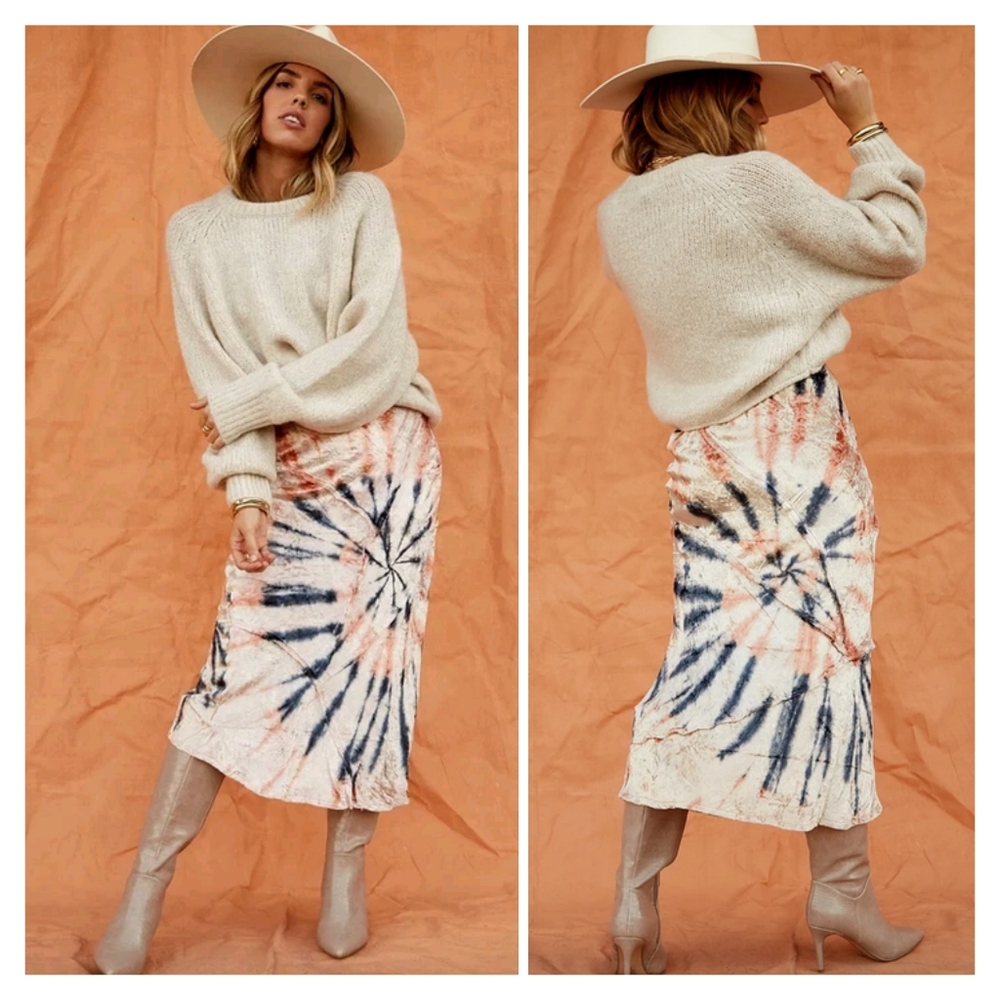 Free People Bali Serious Swagger Velvet Tie Dye Midi Skirt Size XS